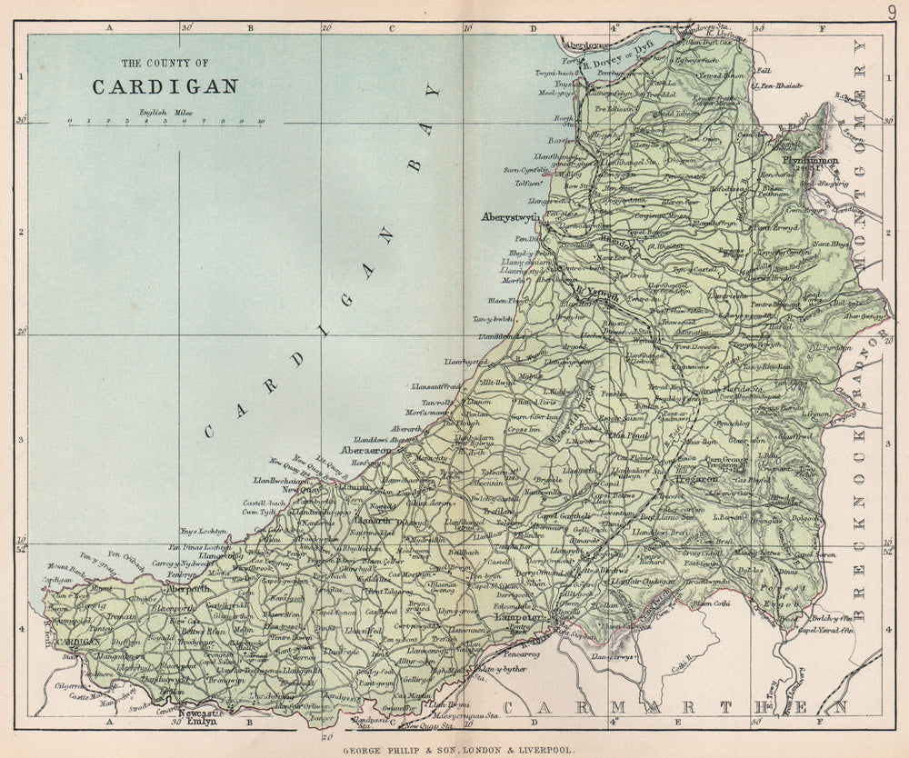 CARDIGANSHIRE. "The County of Cardigan". Aberystwyth.Wales. BARTHOLOMEW 1896 map
