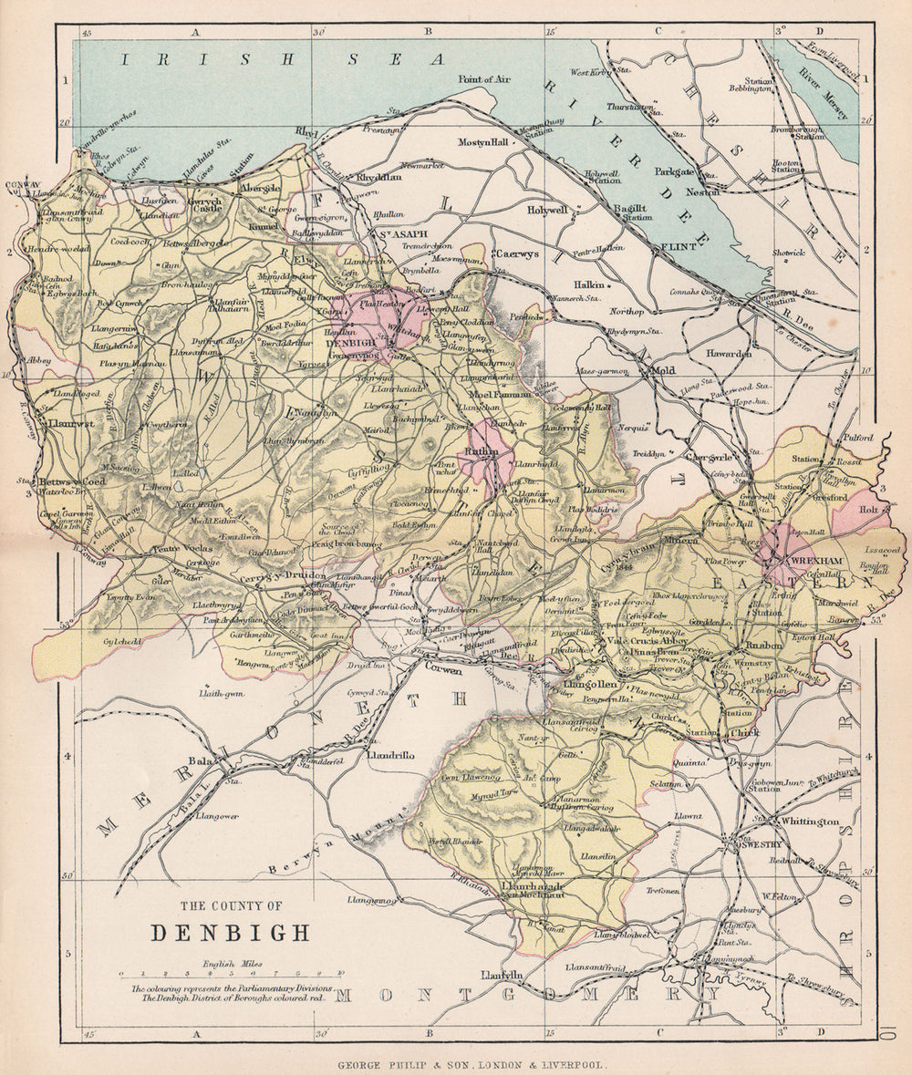 DENBIGHSHIRE. "The County of Denbigh". Wrexham Rhyl Wales. BARTHOLOMEW 1896 map