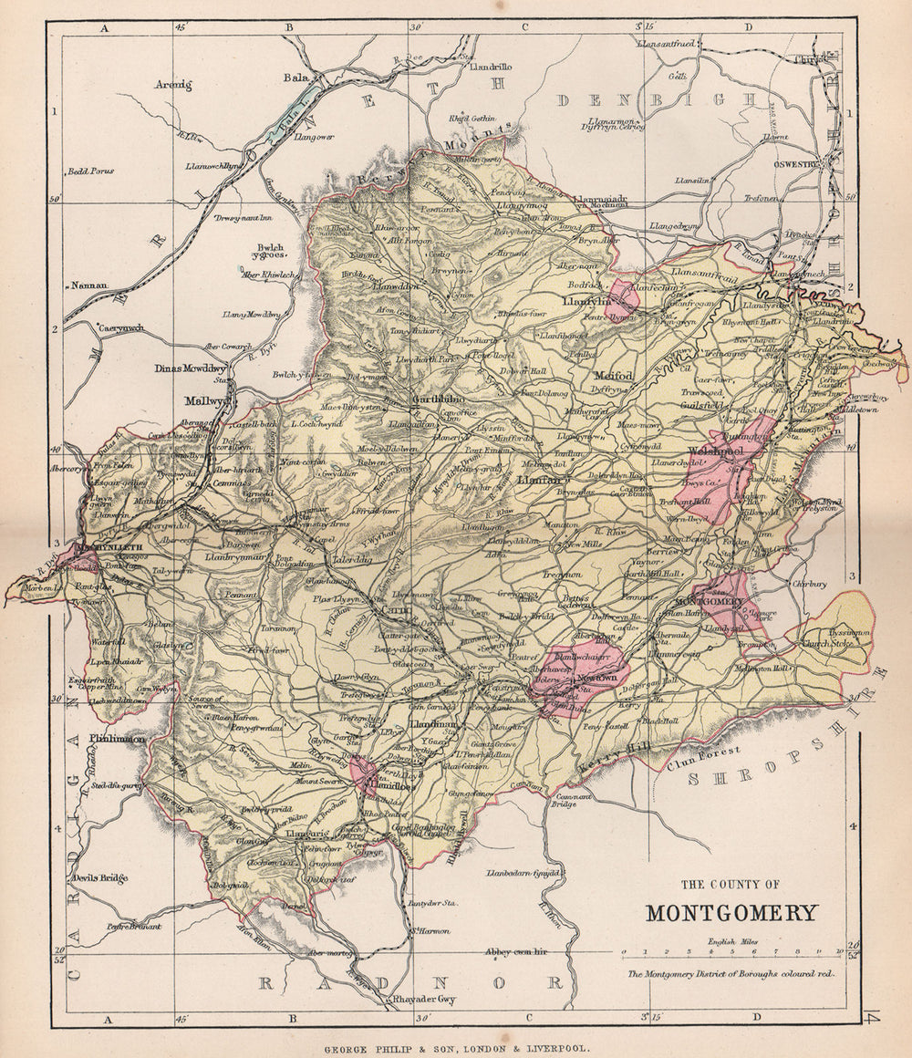 MONTGOMERYSHIRE. "County of Montgomery". Welshpool. Wales. BARTHOLOMEW 1896 map