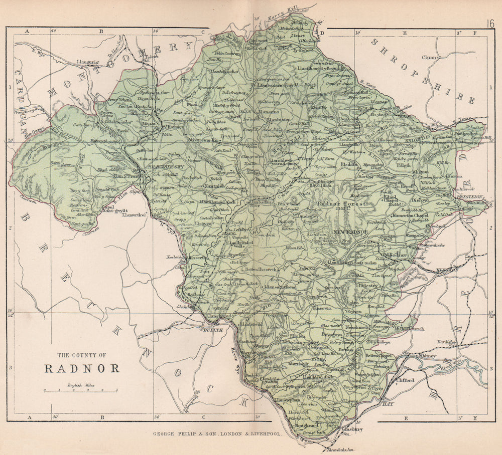 RADNORSHIRE. "The County of Radnor". Wales. BARTHOLOMEW 1896 old antique map