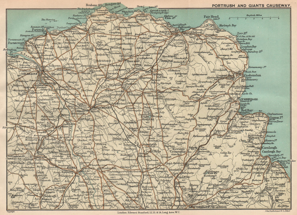 ULSTER.Portrush & Giants Causeway.Coleraine Ballymoney.Ireland.STANFORD 1908 map