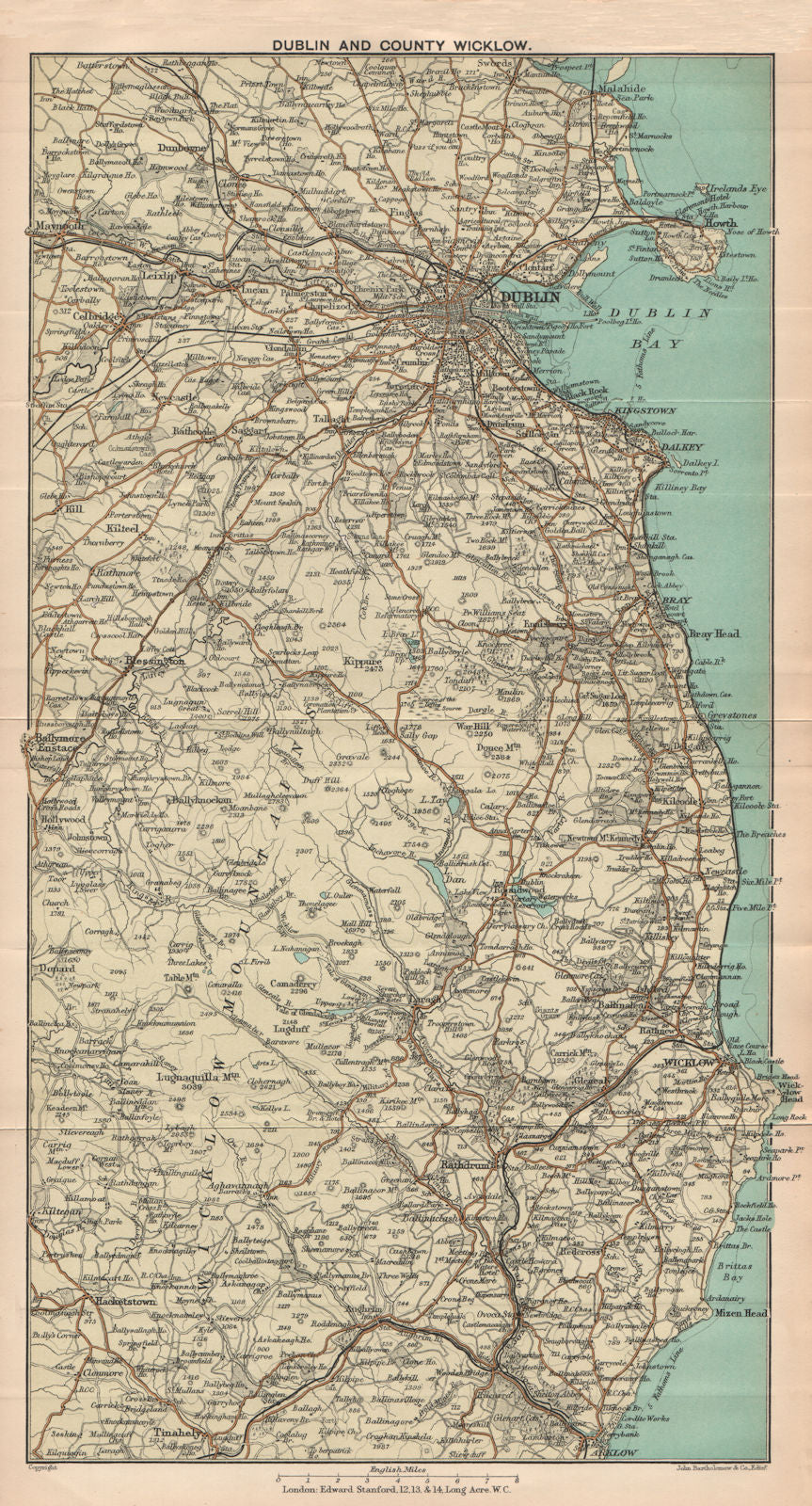 IRELAND. Dublin and County Wicklow. Coast. STANFORD 1908 old antique map chart