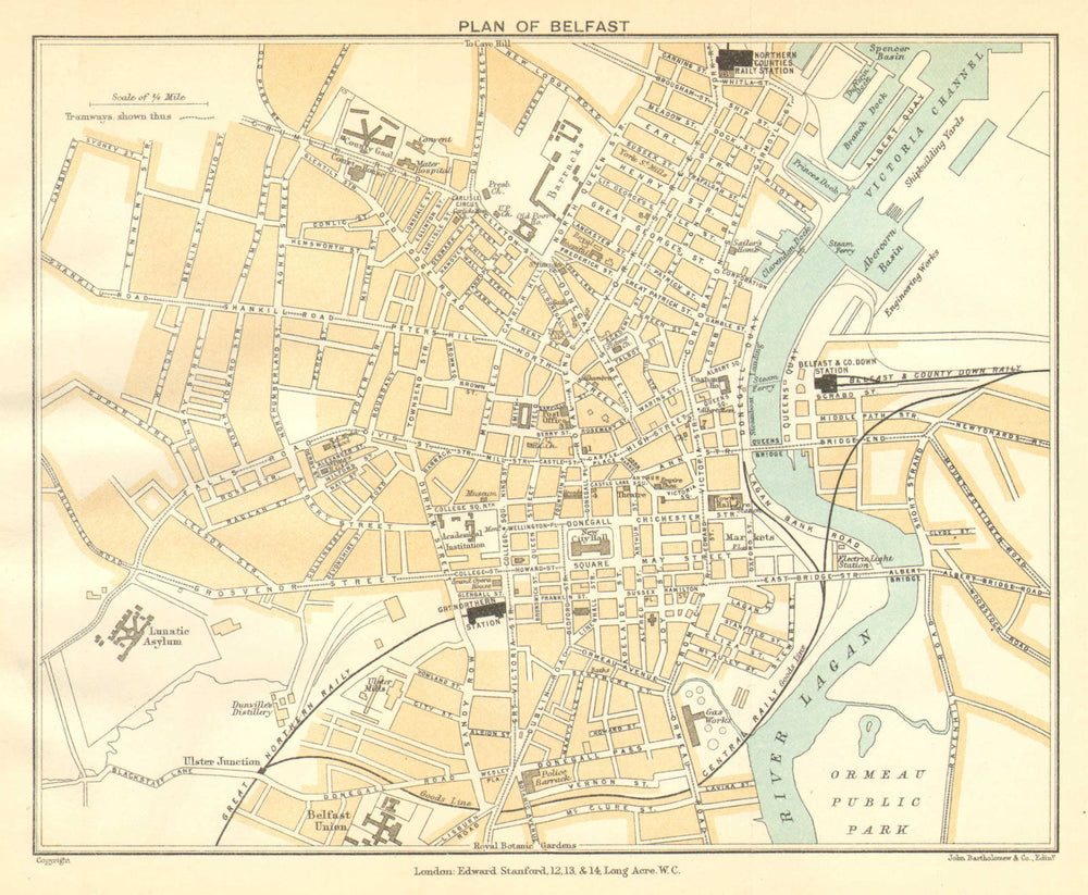BELFAST. City plan. Northern Ireland. Ulster. STANFORD 1908 old antique map