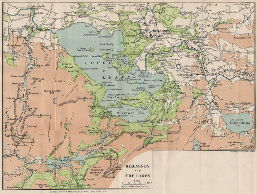 KILLARNEY AND THE LAKES. Lough Leane. Ireland. STANFORD 1908 old antique map