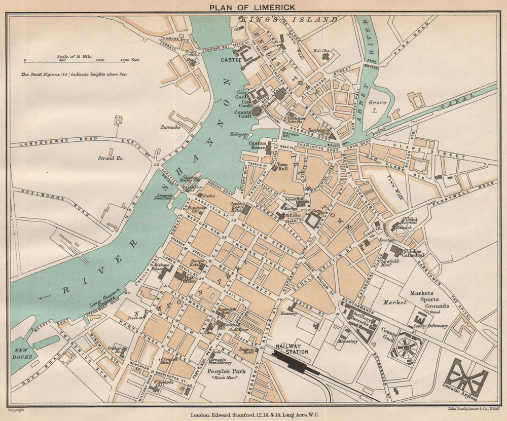 LIMERICK. Town plan. Ireland. STANFORD 1908 old antique vintage map chart