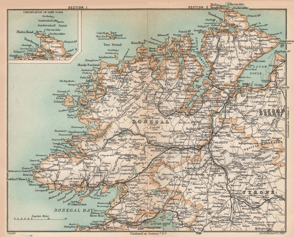 DONEGAL. Map. Part of Tyrone & Londonderry. Ireland. STANFORD 1908 old