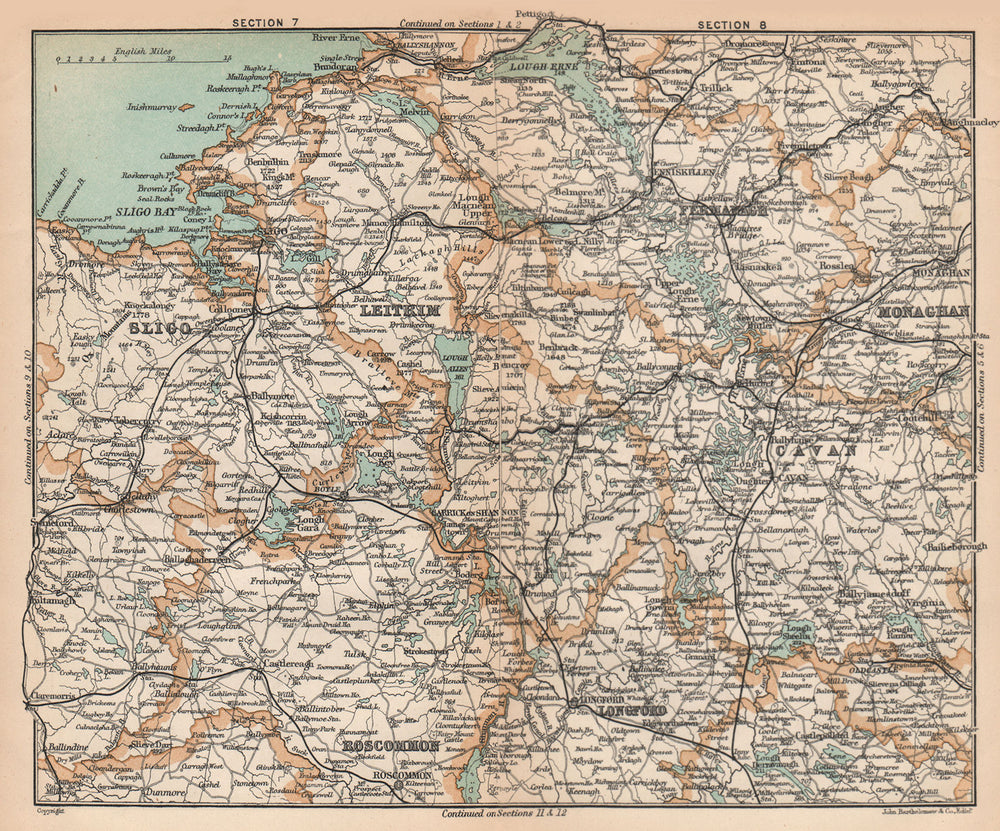 IRELAND. Leitrim Monaghan Cavan Fermanagh Roscommon Sligo. STANFORD 1908 map