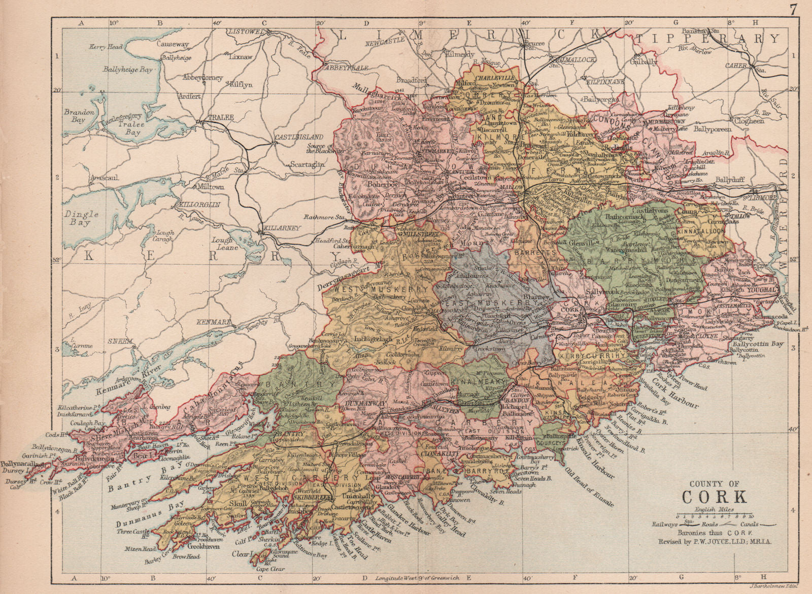 COUNTY CORK. Antique county map. Munster. Ireland. BARTHOLOMEW 1882 old ...