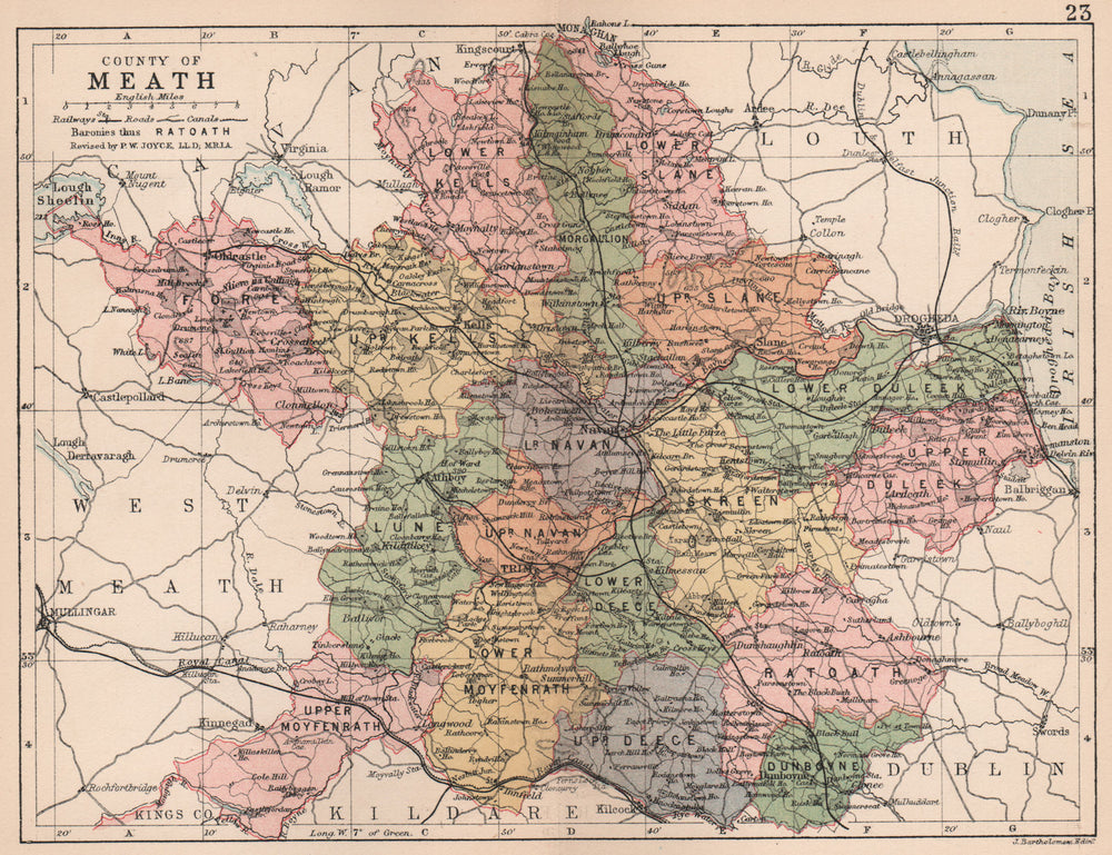 COUNTY MEATH. Antique county map. Leinster. Ireland. BARTHOLOMEW 1882 old
