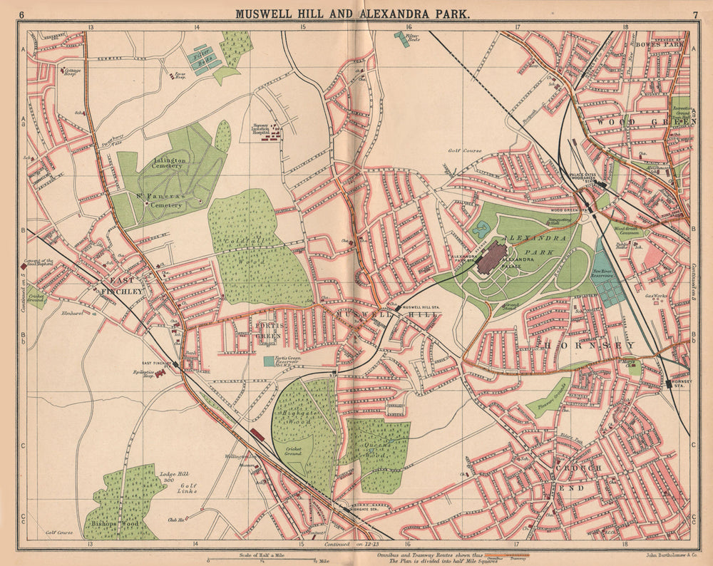 LONDON N. Muswell Hill Alexandra Park Wood Green Finchley Crouch End 1913 map
