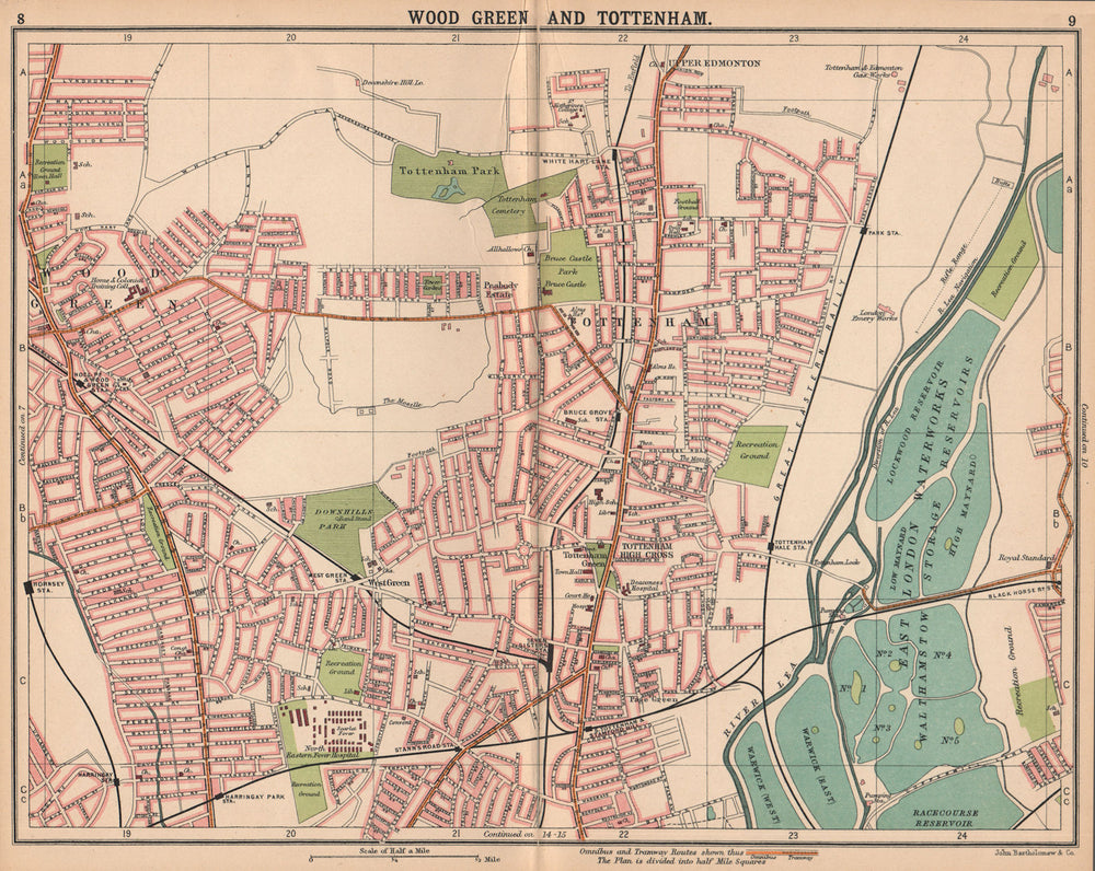 LONDON N. Wood Green Tottenham Harringay. Bus & tram routes 1913 old map