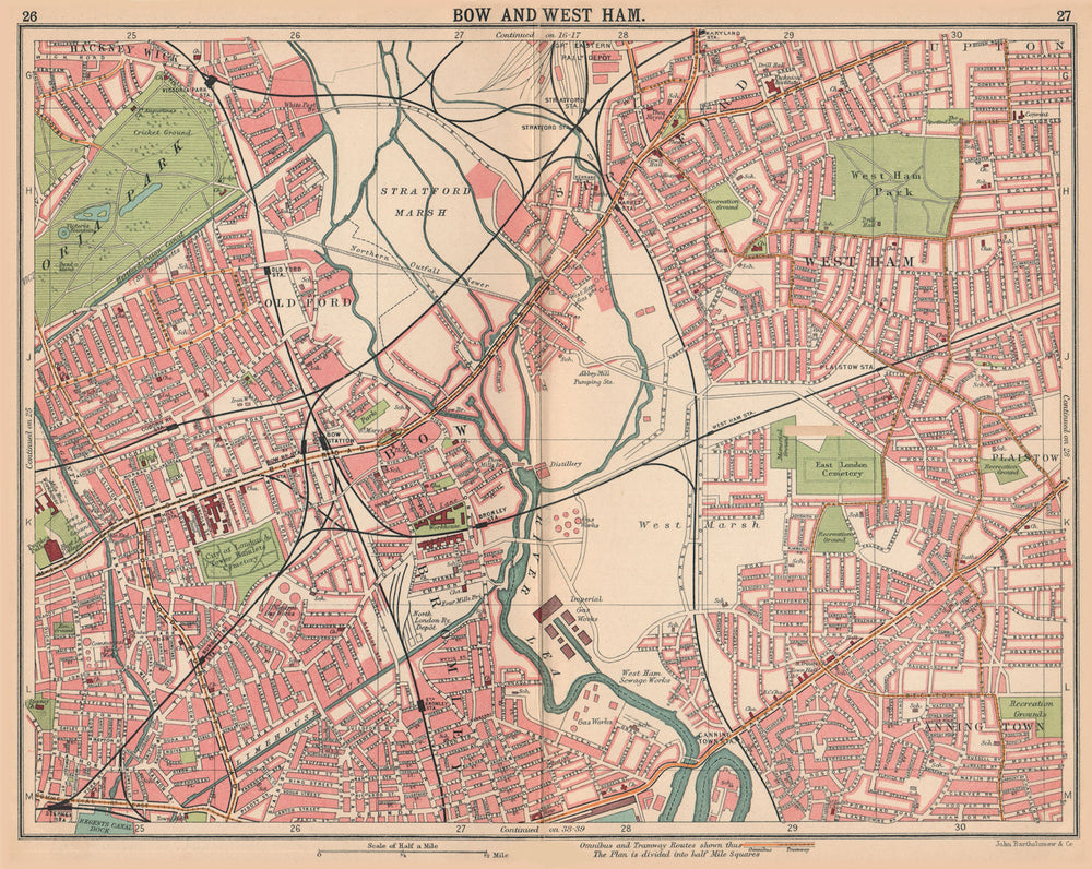 LONDON E. Bow West Ham Bromley Stratford Old Ford. Bus & tram routes 1913 map