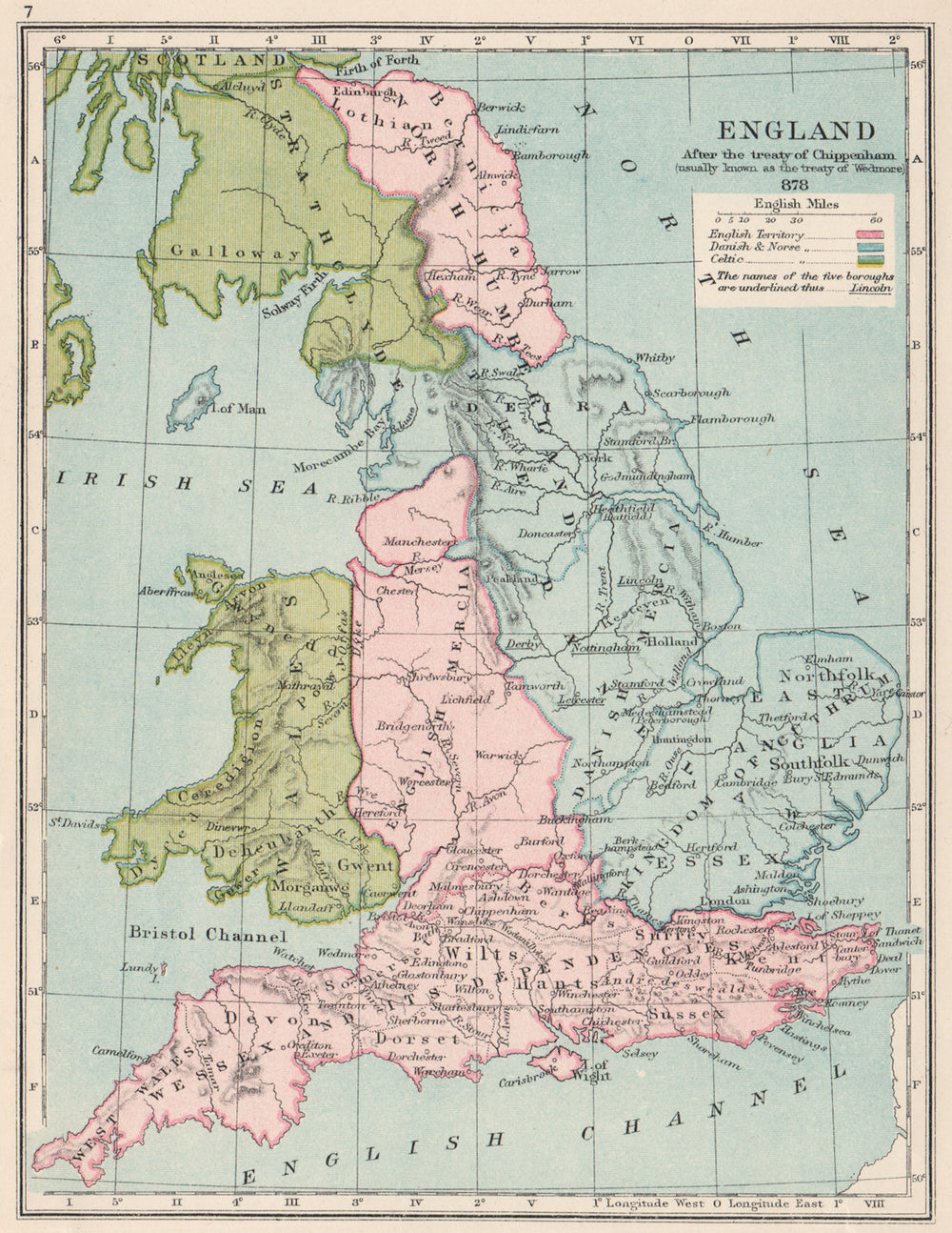 ENGLAND IN 878. On Treaty of Chippenham/Wedmore. Norse English Celtic 1907 map