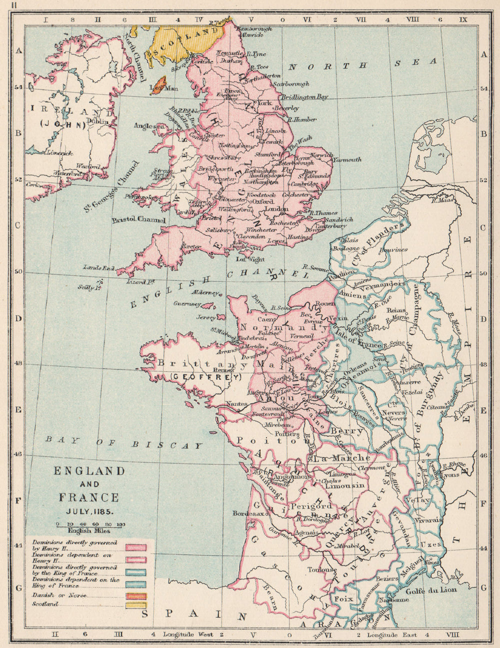 ENGLAND & FRANCE JULY 1185. Kingdoms & dependencies.English possessions 1907 map