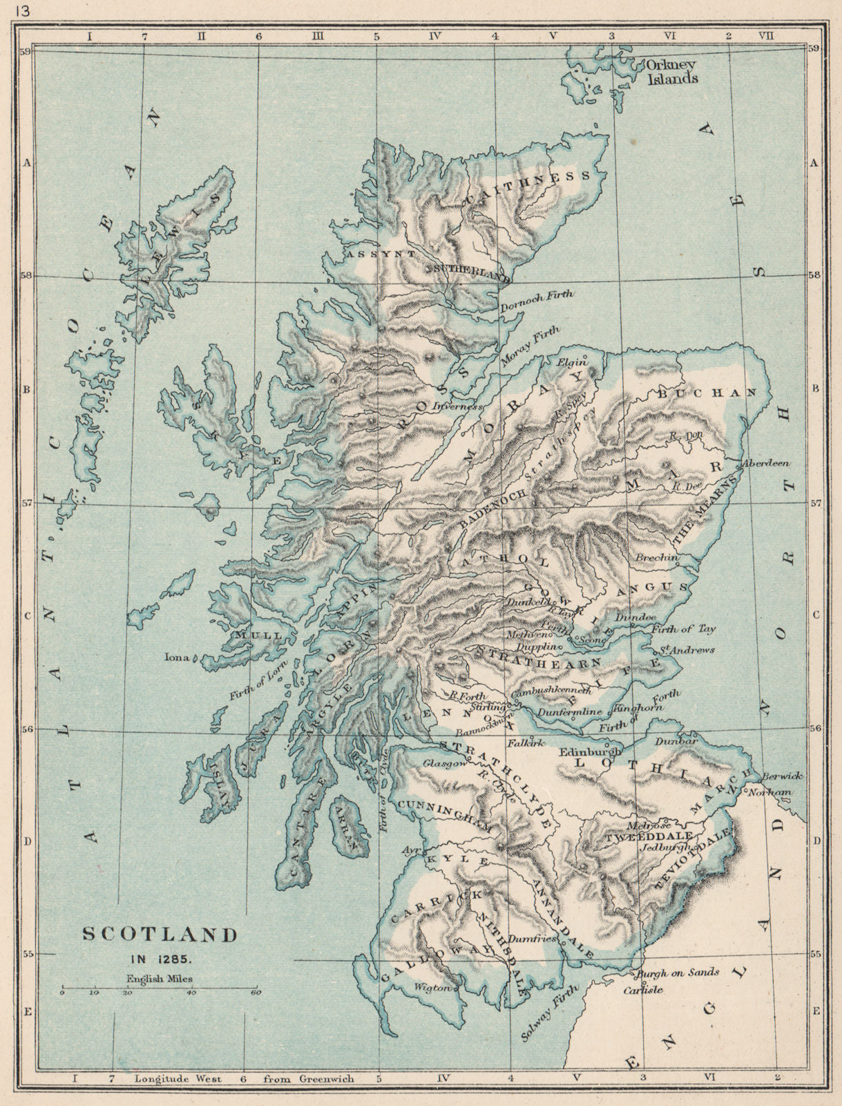 SCOTLAND IN 1285. showing regions & towns 1907 old antique map plan ...