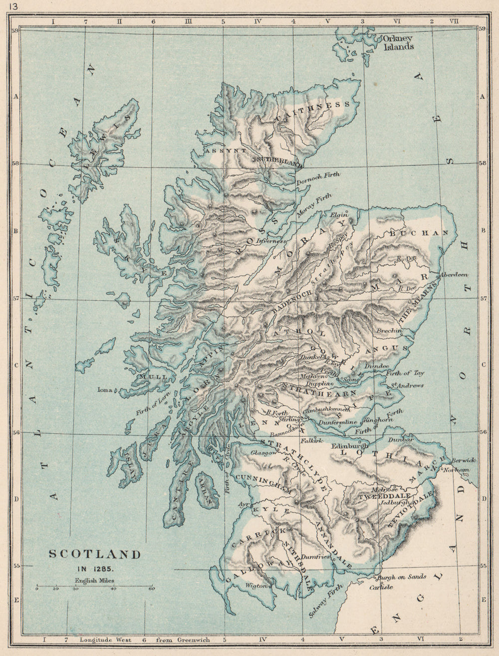 SCOTLAND IN 1285. showing regions & towns 1907 old antique map plan chart