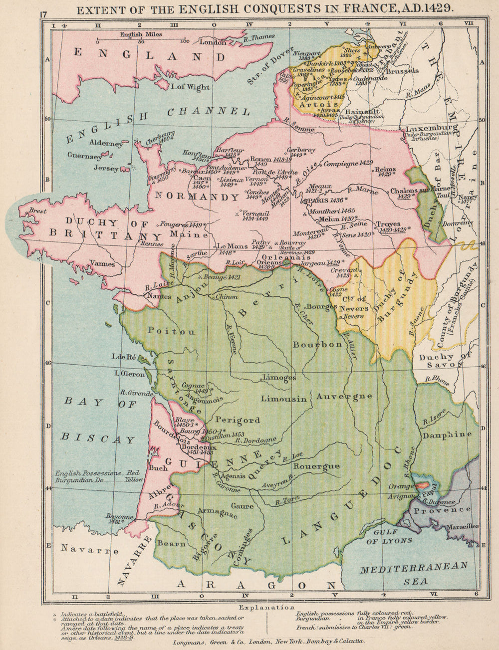 HUNDRED YEARS WAR. English Conquests in France, 1429 1907 old antique map