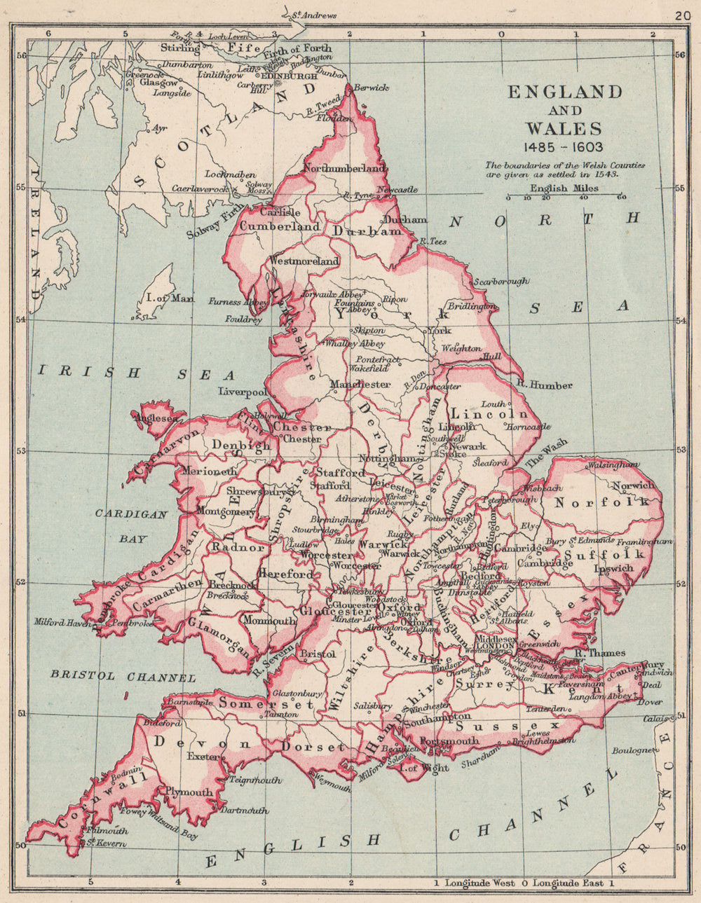 ENGLAND AND WALES 1485-1603. showing counties & towns 1907 old antique map