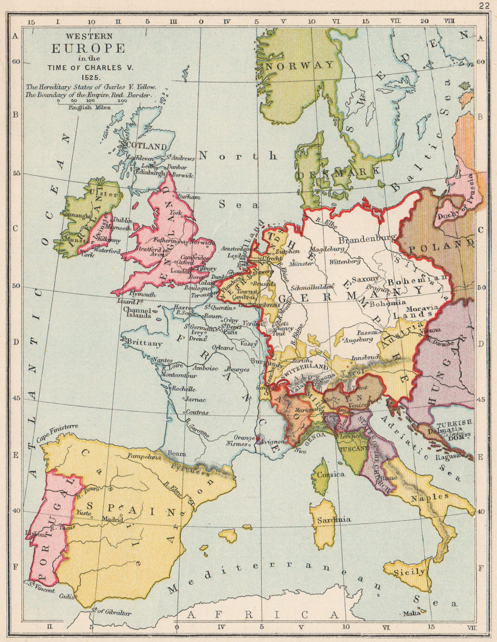HOLY ROMAN EMPIRE 1525. Western Europe in the time of Charles V 1907 old map