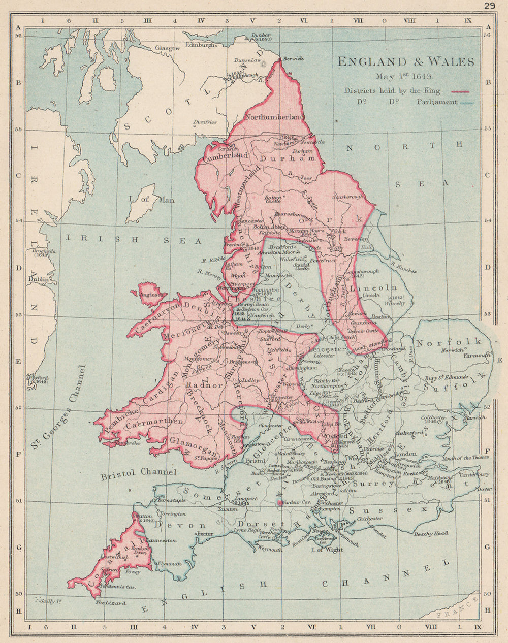 ENGLISH CIVIL WAR MAY 1643.King(red)Parliament(blue).Battles/dates 1907 map