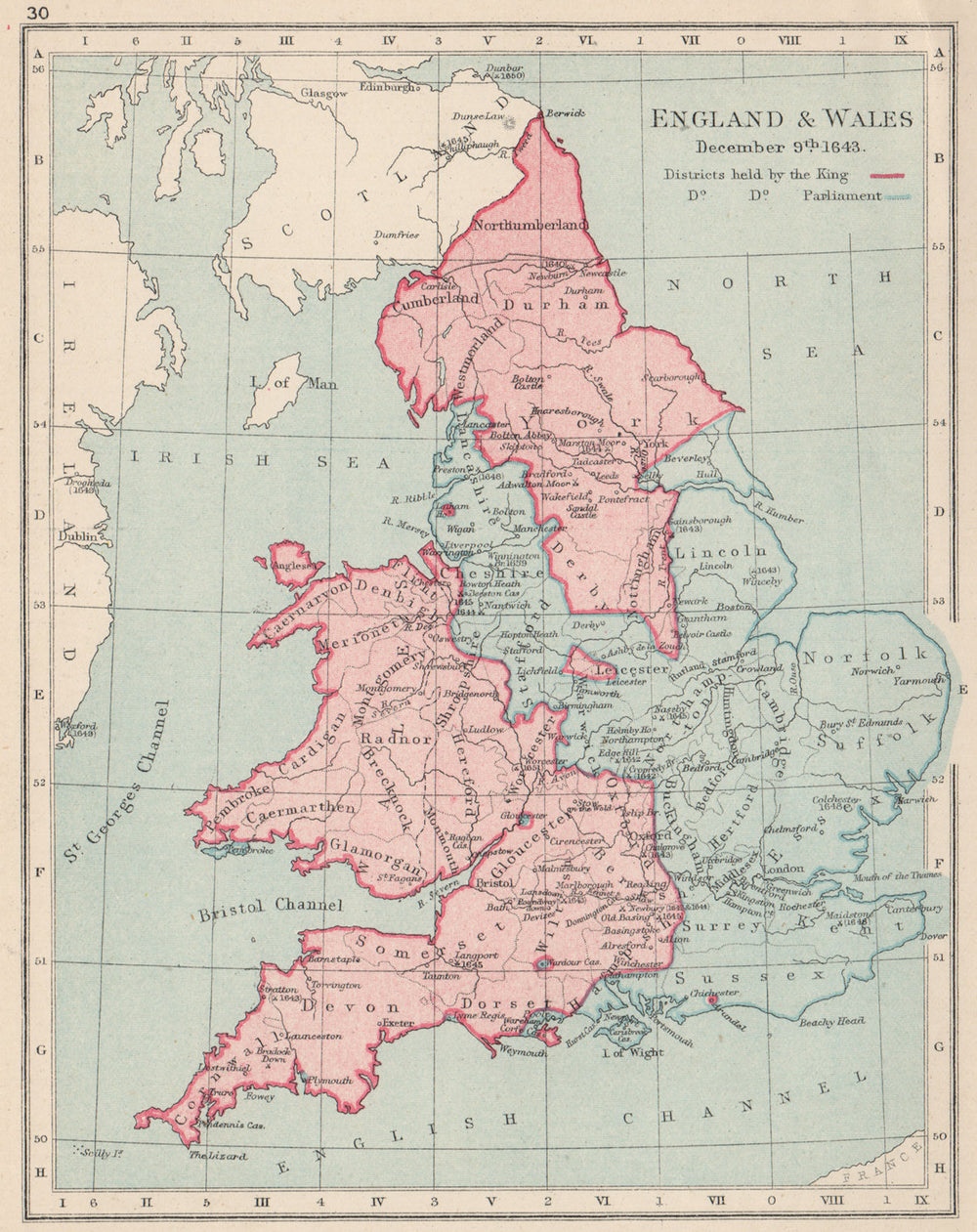 ENGLISH CIVIL WAR DEC 1643.King(red)Parliament(blue).Battles/dates 1907 map