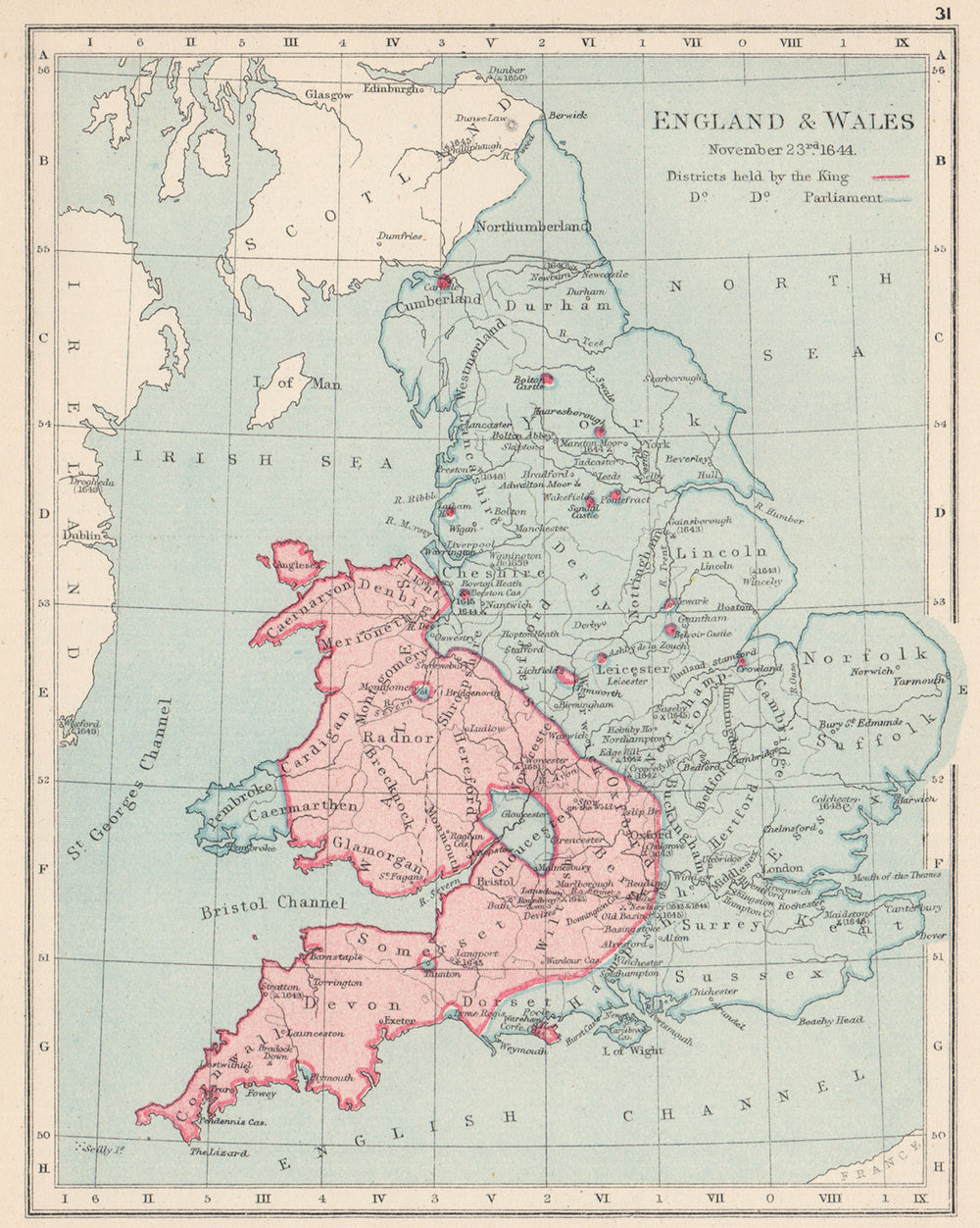 ENGLISH CIVIL WAR NOV 1644.King(red)Parliament(blue).Battles/dates 1907 map