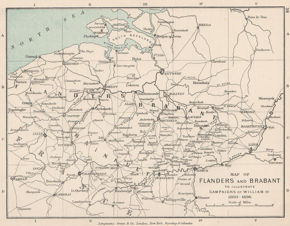 BELGIUM. Flanders & Brabant. Campaigns of William III 1690-1696 1907 old map