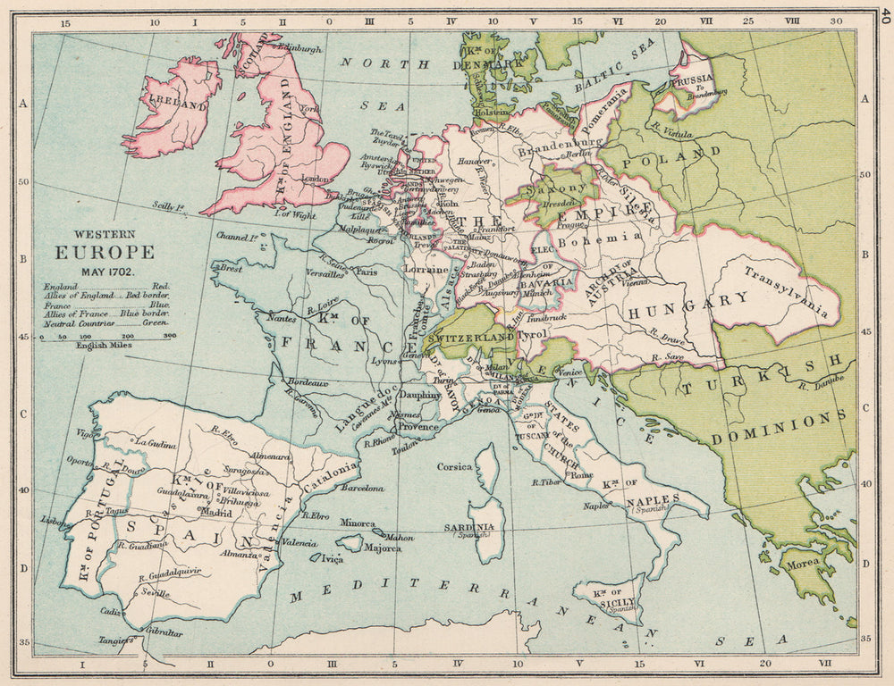 WESTERN EUROPE MAY 1702. England & allies (red) France (blue)  1907 old map
