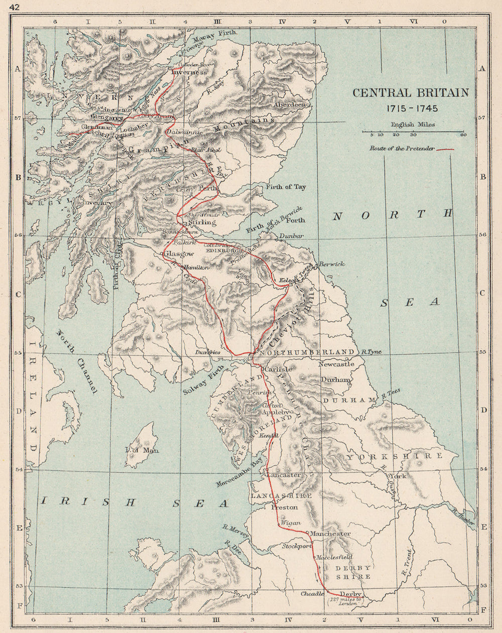 BONNIE PRINCE CHARLIE. "Route of the (young) pretender" 1715-1745 1907 old map