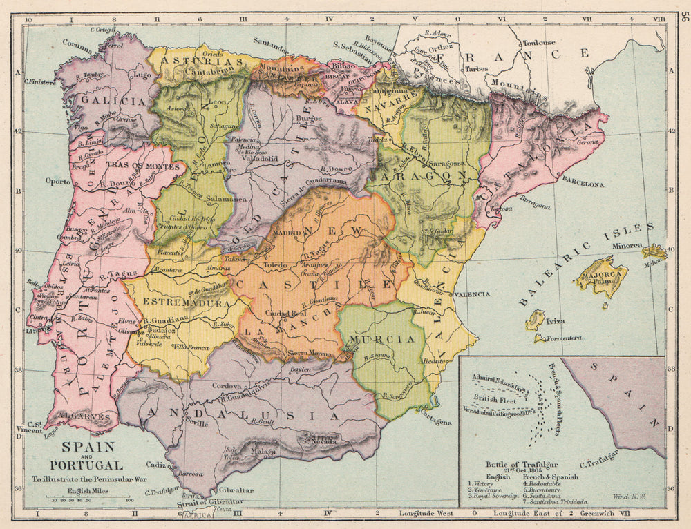 PENINSULAR WAR. Spain & Portugal showing battlefields. Inset Trafalgar 1907 map