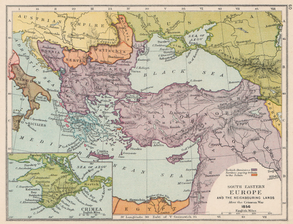 SOUTH EAST EUROPE 1856. Crimean War. Ottoman Empire & tribute states 1907 map