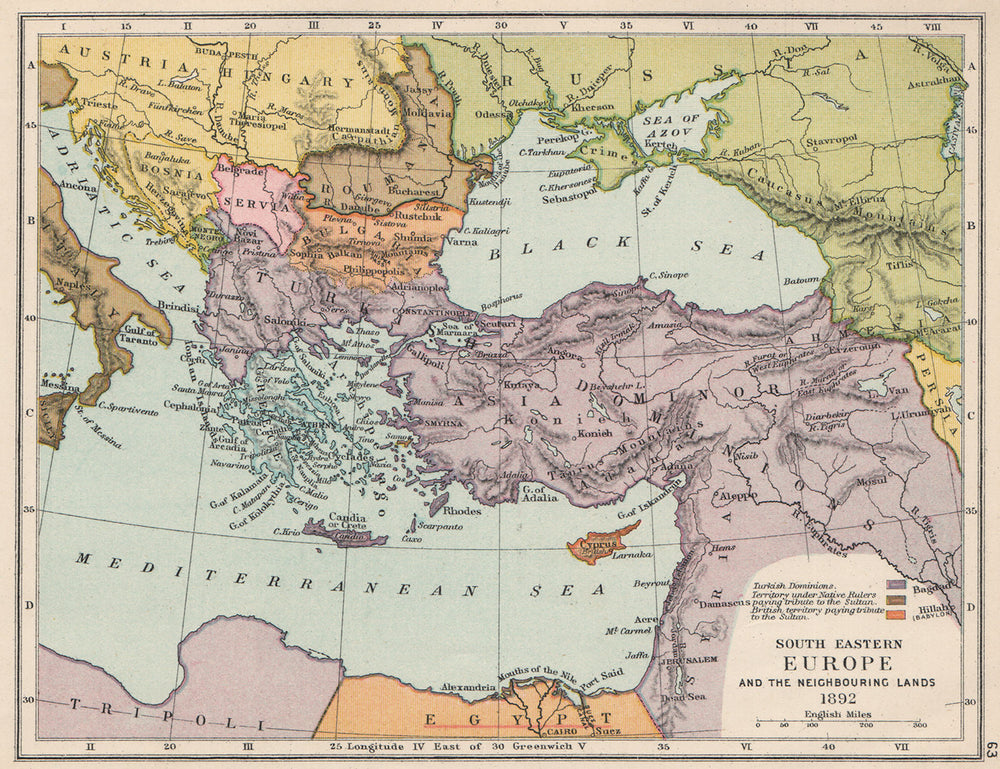 SE EUROPE 1892. Ottoman Empire. British Cyprus "tribute Sultan" 1907 old map