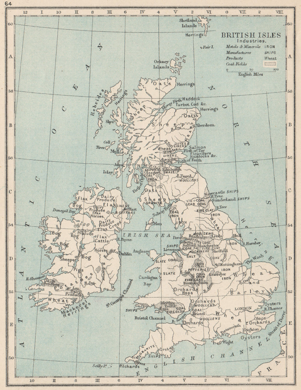 BRITISH ISLES INDUSTRIES. coal fields products metals manufactures 1907 map