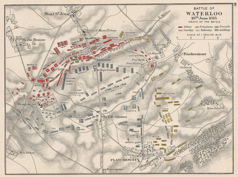 BATTLE OF WATERLOO. 18th June 1815 "crisis of the battle" 1907 old antique map