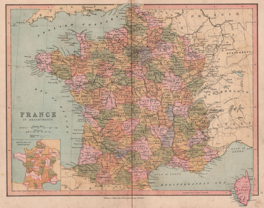 FRANCE. No Alsace Lorraine. Alpes-Maritimes excludes Menton. COLLINS 1880 map