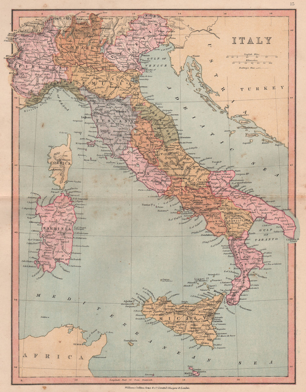 ITALY. showing regions. Excludes Trieste/Istria & South Tyrol. COLLINS 1880 map