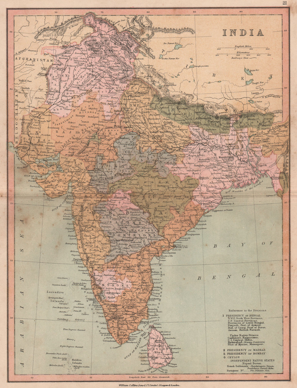 BRITISH INDIA. Showing states, French & Portuguese settlements. COLLINS 1880 map