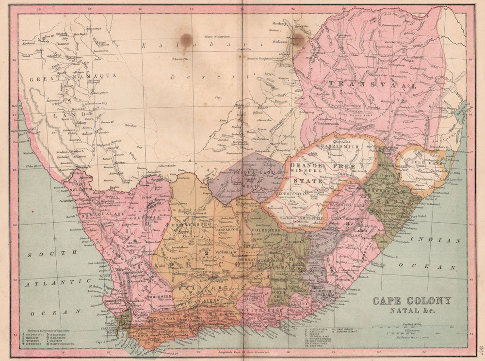 SOUTH AFRICA. Cape Colony & Natal provinces. Namibia coast British.  1880 map