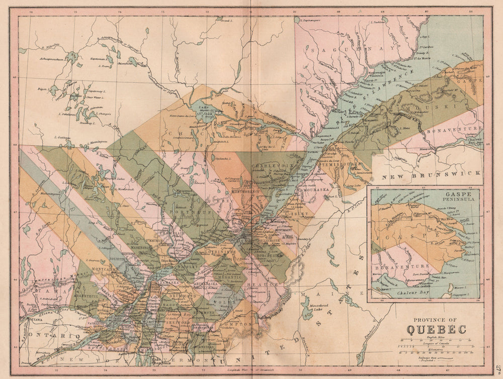 QUEBEC. Showing counties. COLLINS 1880 old antique vintage map plan chart