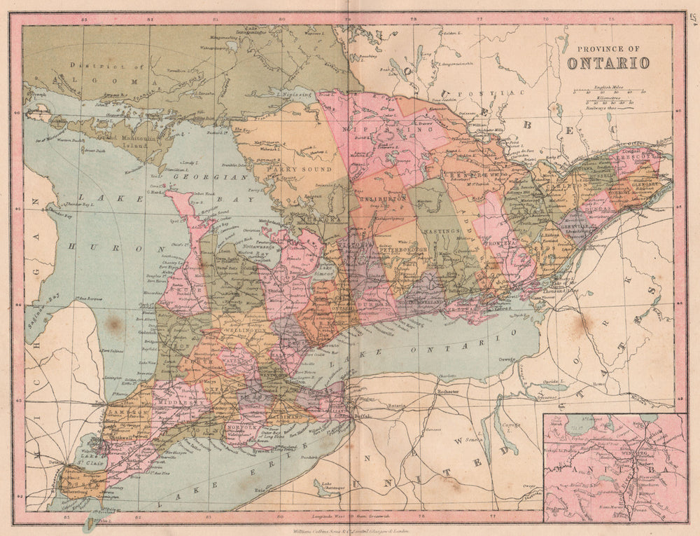 ONTARIO. Showing counties. Great Lakes Erie Huron. COLLINS 1880 old map