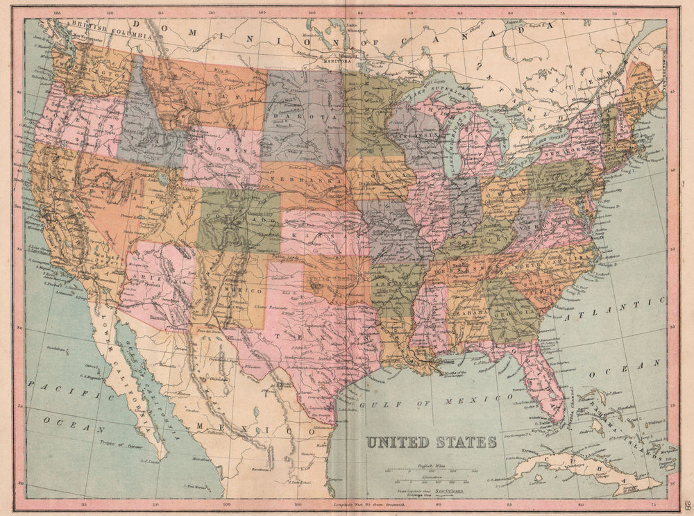 USA.Oklahoma shown as "Indian Territory",Dakotas as one state.COLLINS 1880 map
