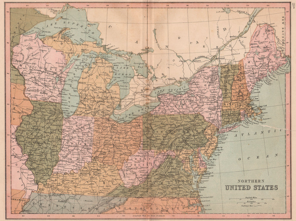 USA NORTH EAST. New England Mid West Mid Atlantic. COLLINS 1880 old map