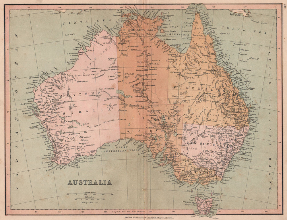 AUSTRALIA. Showing states. South Australia includes NT. COLLINS 1880 old map