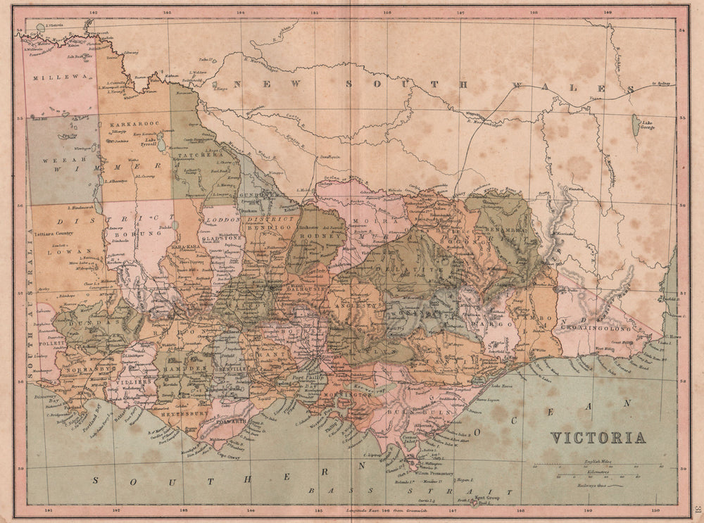 VICTORIA. State map showing counties. Australia. COLLINS 1880 old antique