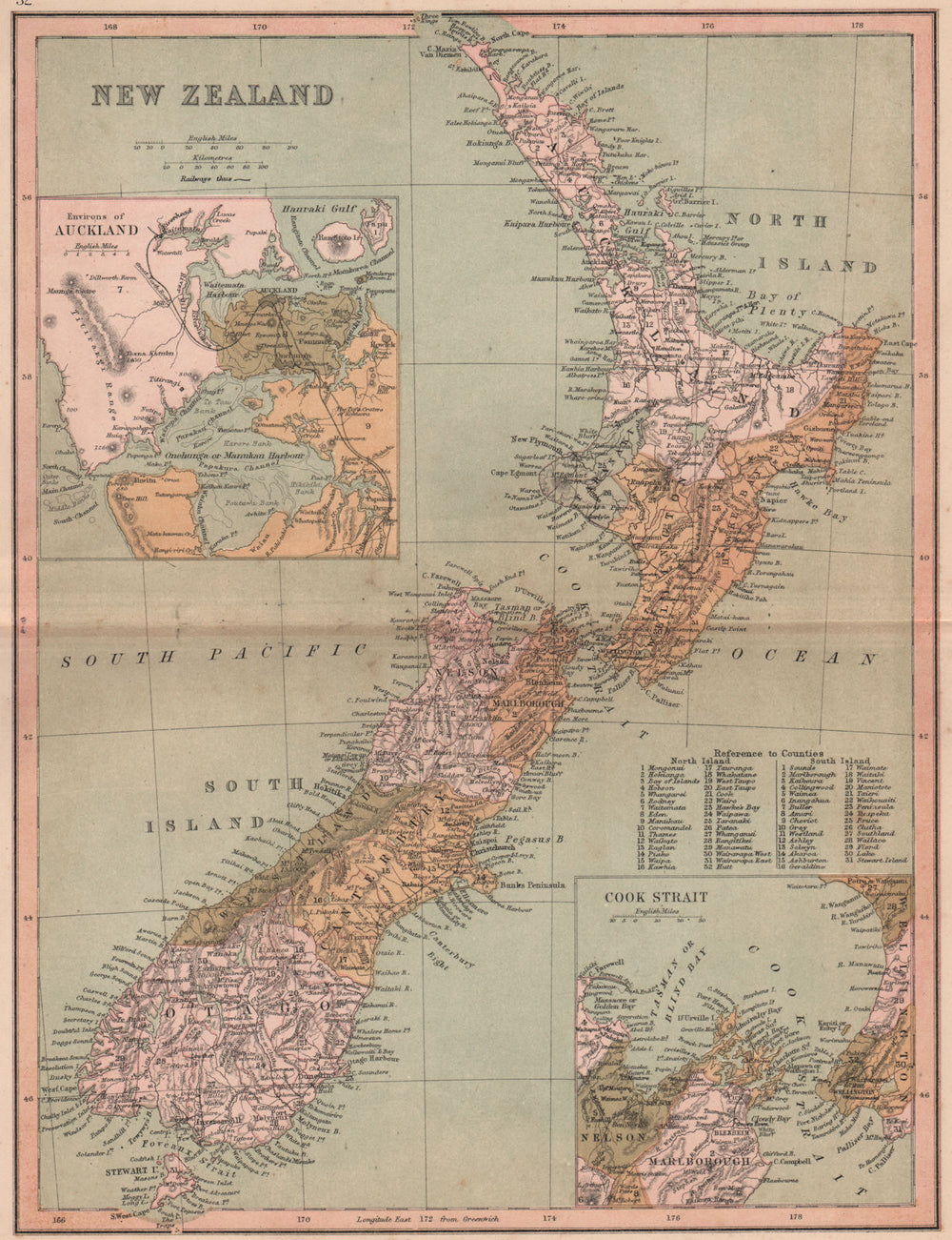 NEW ZEALAND.Showing provinces prior to their abolition in 1876.COLLINS 1880 map