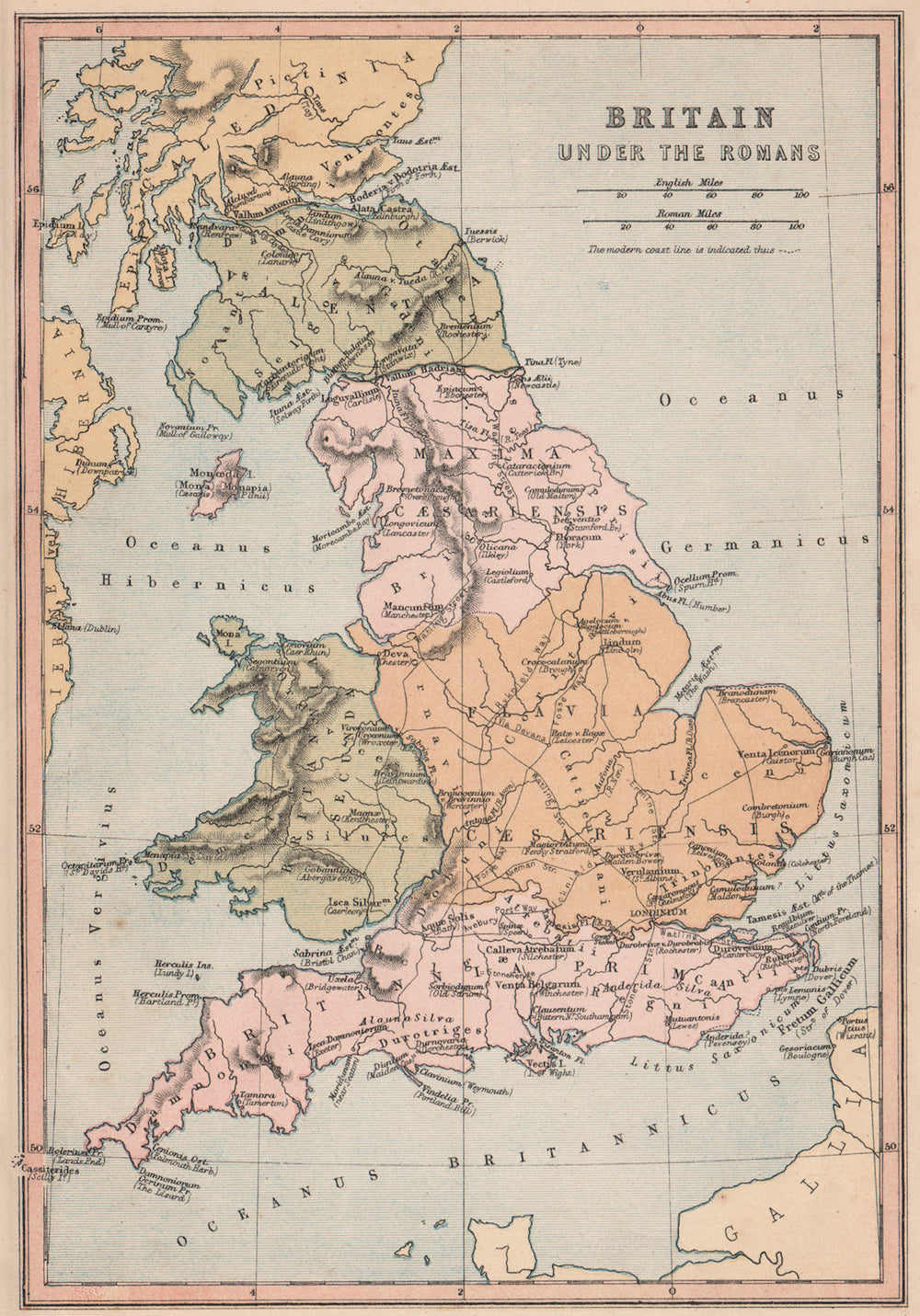 ROMAN BRITAIN. Showing provinces roads Latin town names. COLLINS 1880 old map
