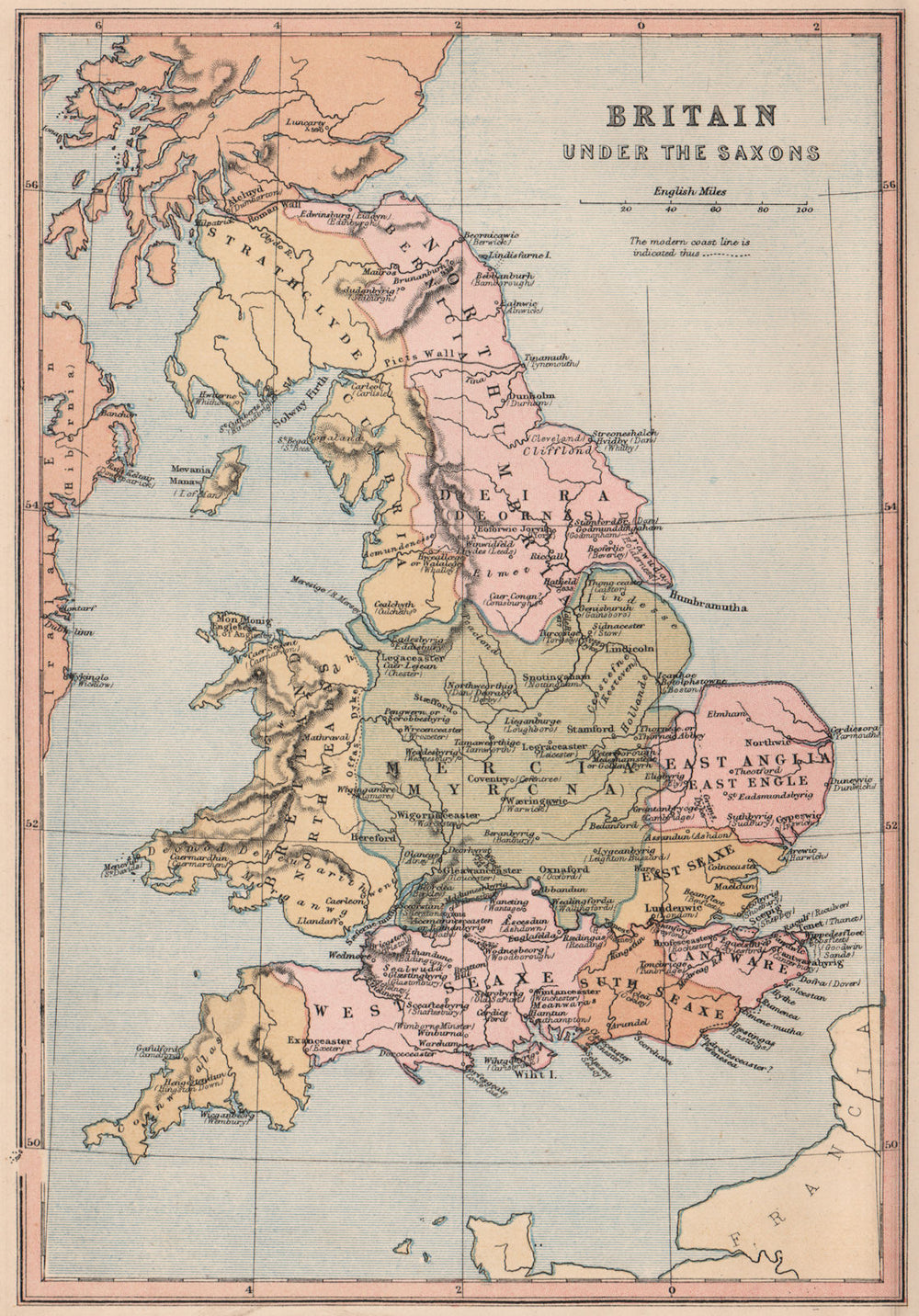 SAXON BRITAIN. Showing provinces/counties & Saxon town names. COLLINS 1880 map