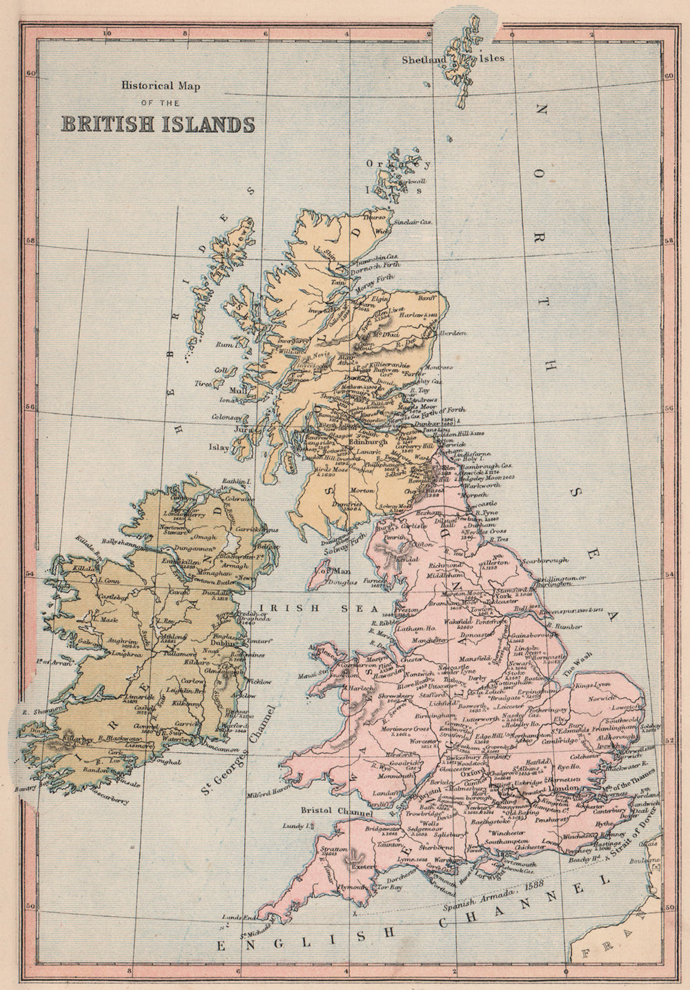 BRITISH ISLES HISTORICAL.Shows locations & dates of key battles.COLLINS 1880 map