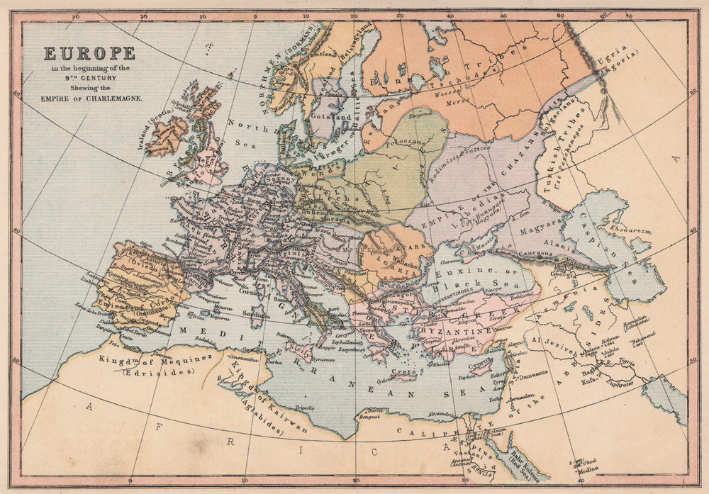 9C EUROPE. Empires Charlemagne Istanbul Emirate Cordoba. COLLINS 1880 old map