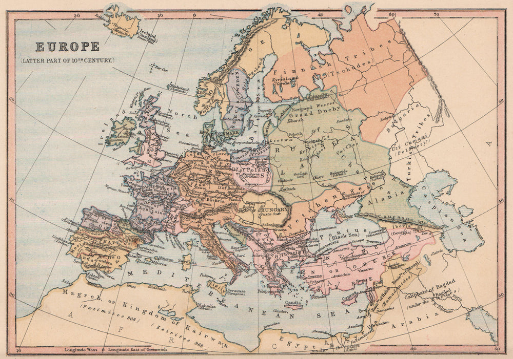 10TH CENTURY EUROPE. Holy Roman Empire Caliphate of Cordoba. COLLINS 1880 map
